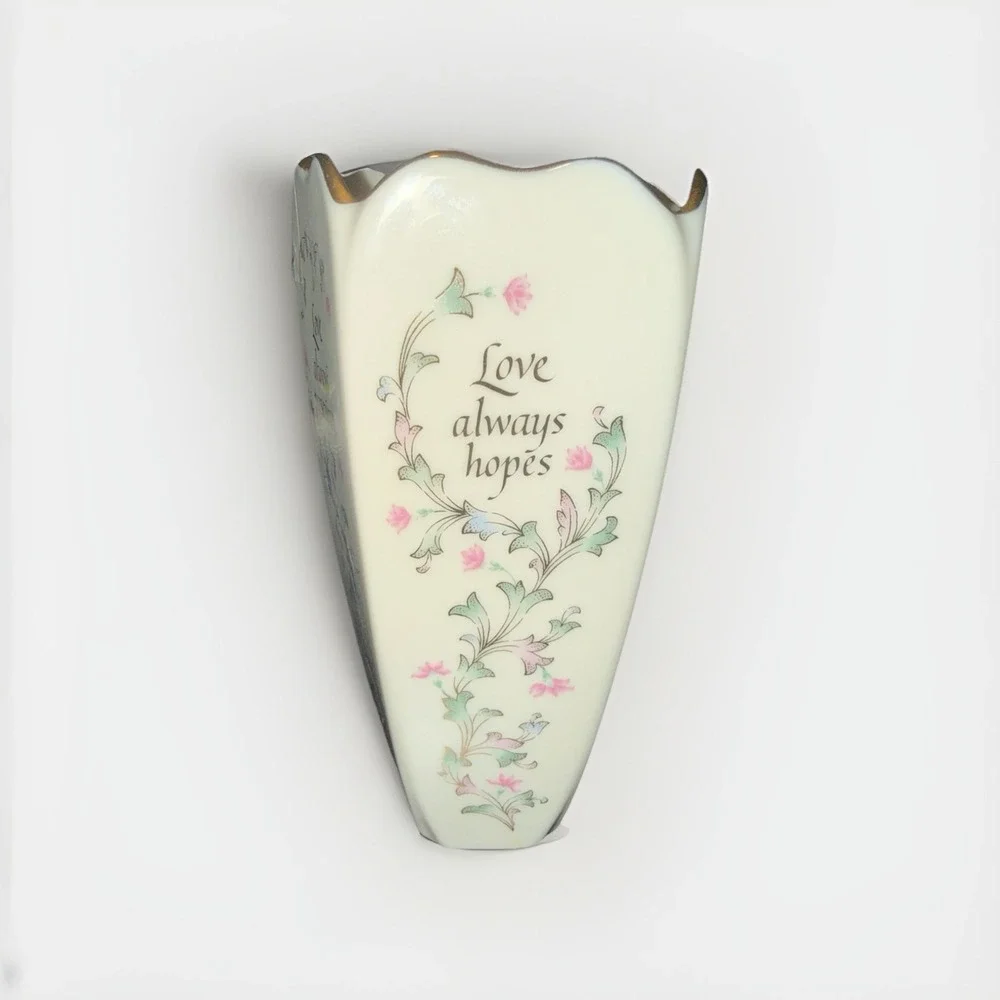 Lenox Love Is Fine China 7 Inch Vase 3083011 Ivory Gold Trim Floral 4-Sided